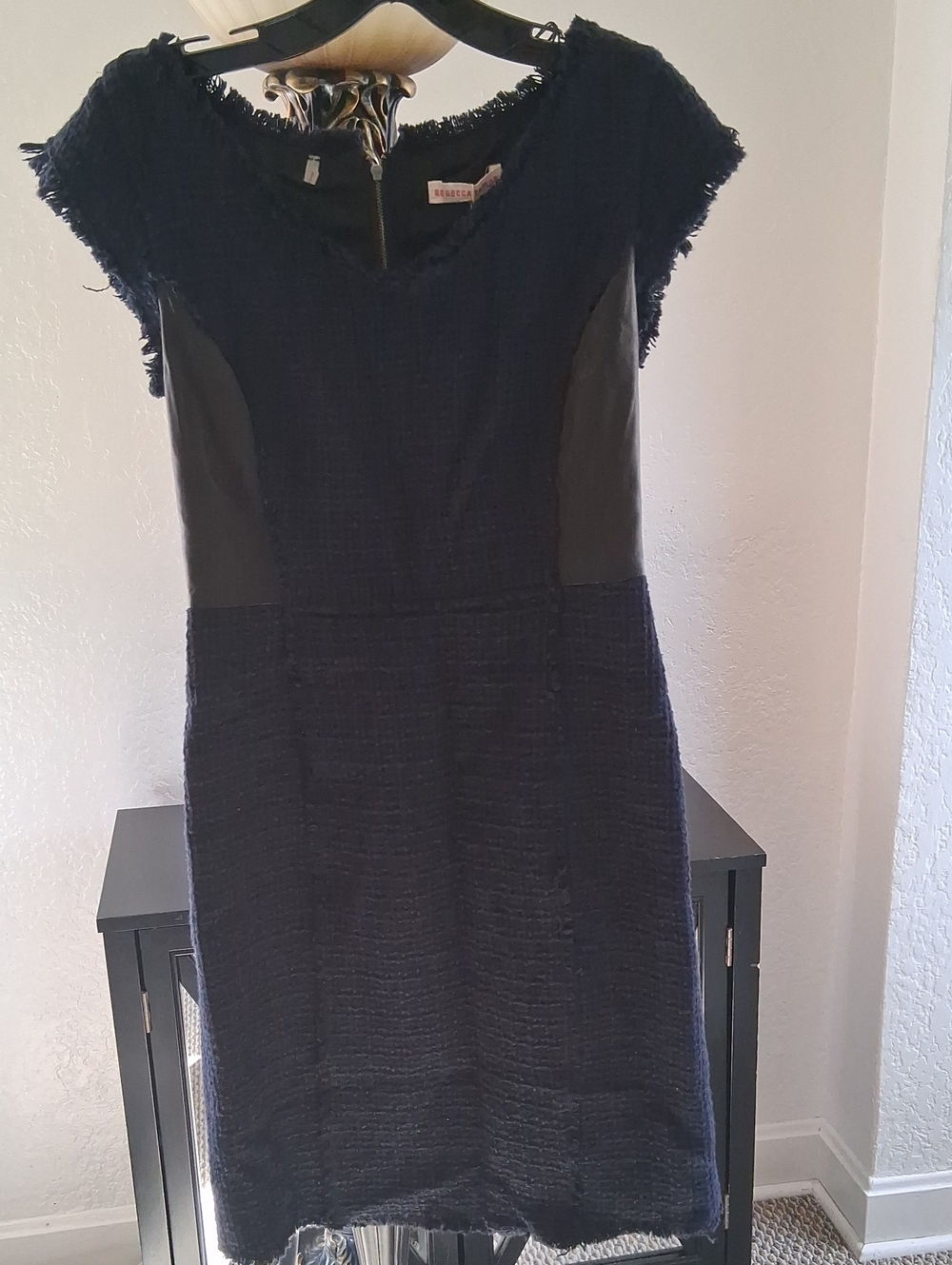 Rebecca Taylor Navy Tweed Sheath Dress with Black Faux-Leather Panels